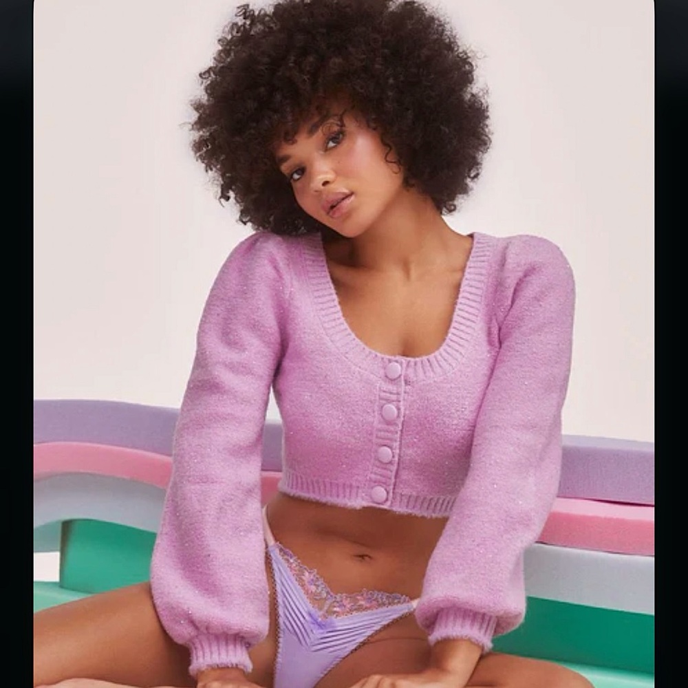 for Love & Lemons | Odette | Glitter Cropped Knit Purple Cardigan
